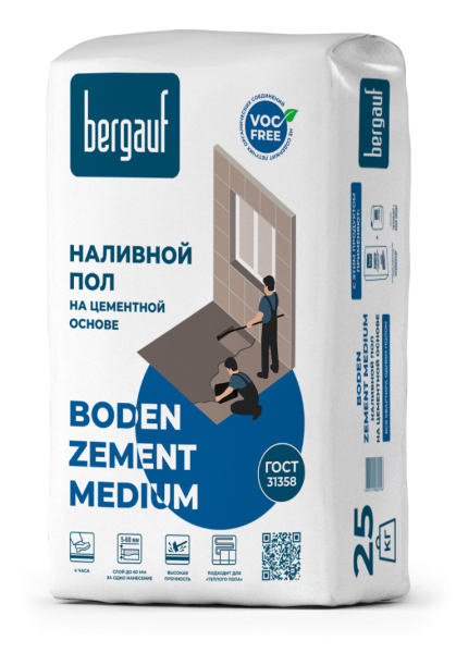 Быстротвердеющий наливной пол Бергауф БОДЕН ЦЕМЕНТ МЕДИУМ толщ.3-60 мм, 25 кг. (56шт/пал)