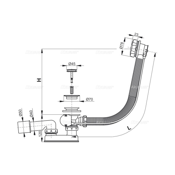 AlcaPlast. Сифон для ванны, автомат, комплект, металл/металл, A55K